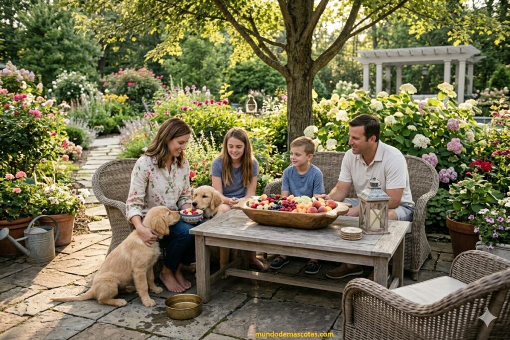 beneficios de la manzana para perros que comen junto a sus dueños en el jardín y son felices