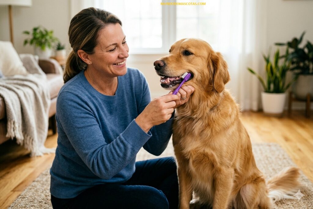cepillo de dientes para perros de raza grande y es un golden retriever hermoso y grande en la sala