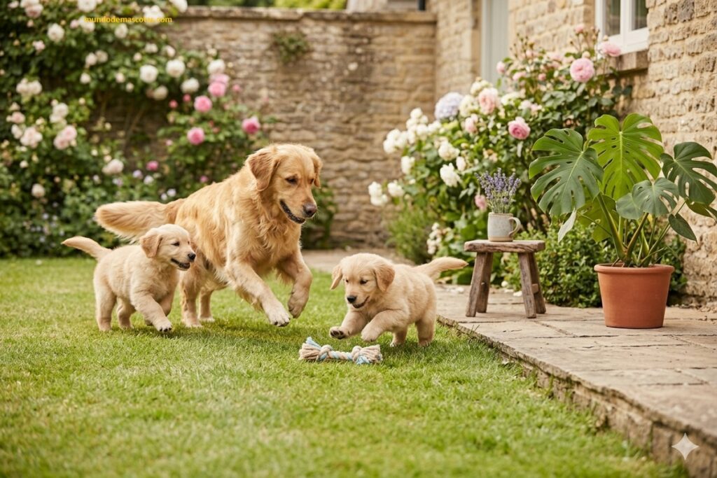 comida para perras gestantes de raza grande y que juega en la sala con otros perros y esta feliz