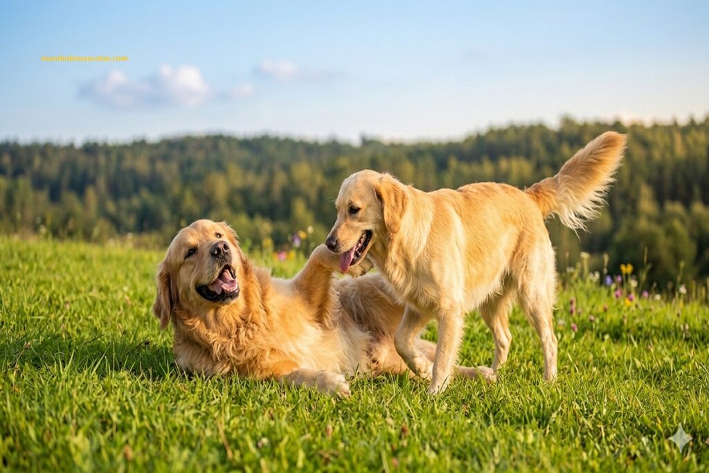 comportamiento del golden retriever macho adulto que juega a echarse en el césped