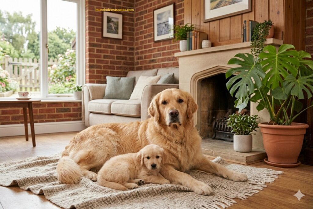 Cuántos cachorros puede tener una Golden Retriever y esta descansando en la sala con otro cachorro