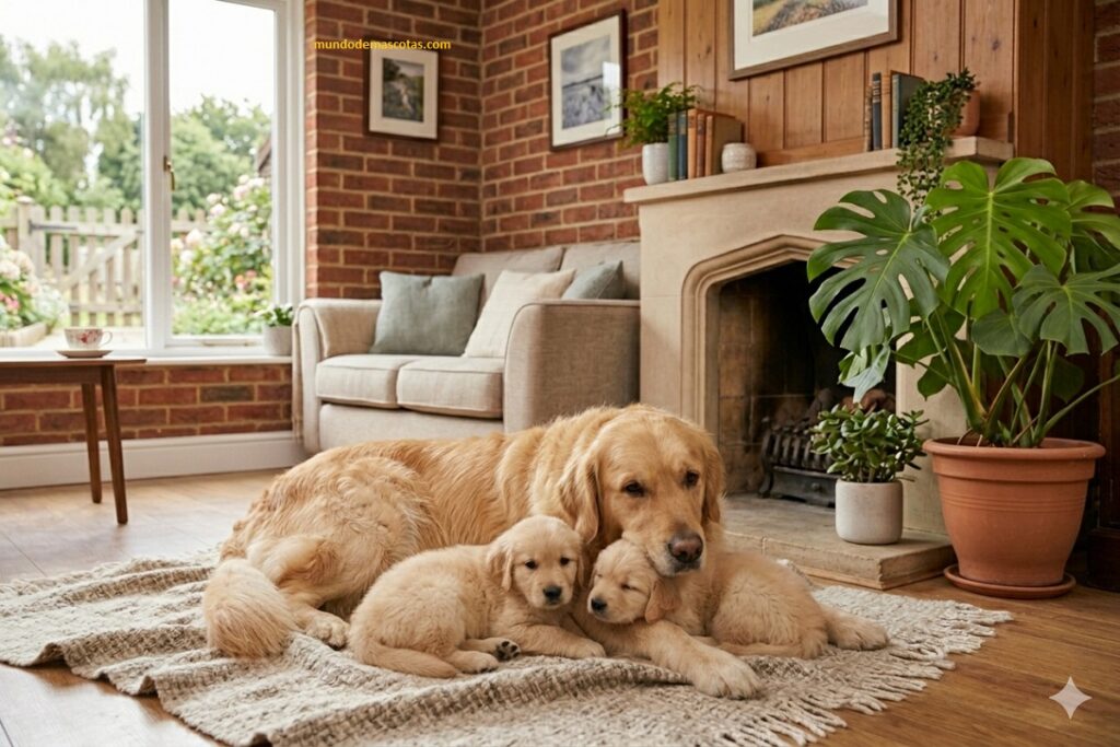 cuántos cachorros tiene una perra primeriza golden y esta descansando en la alfombra