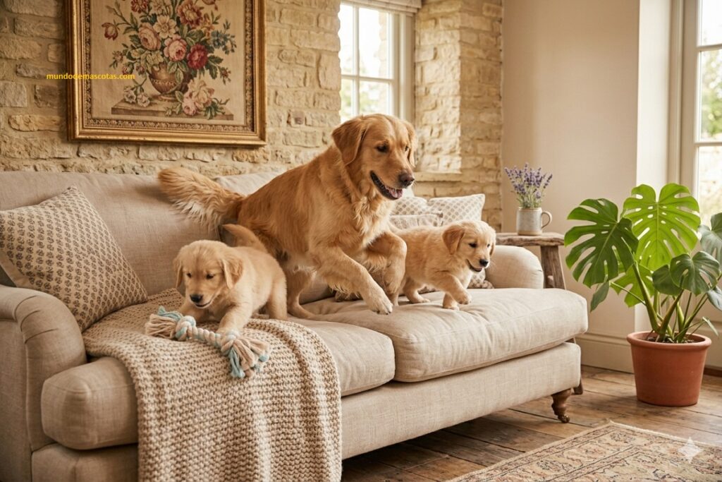 cuidados de una golden retriever embarazada que esta por dar a luz y juega en el sillón o sofa