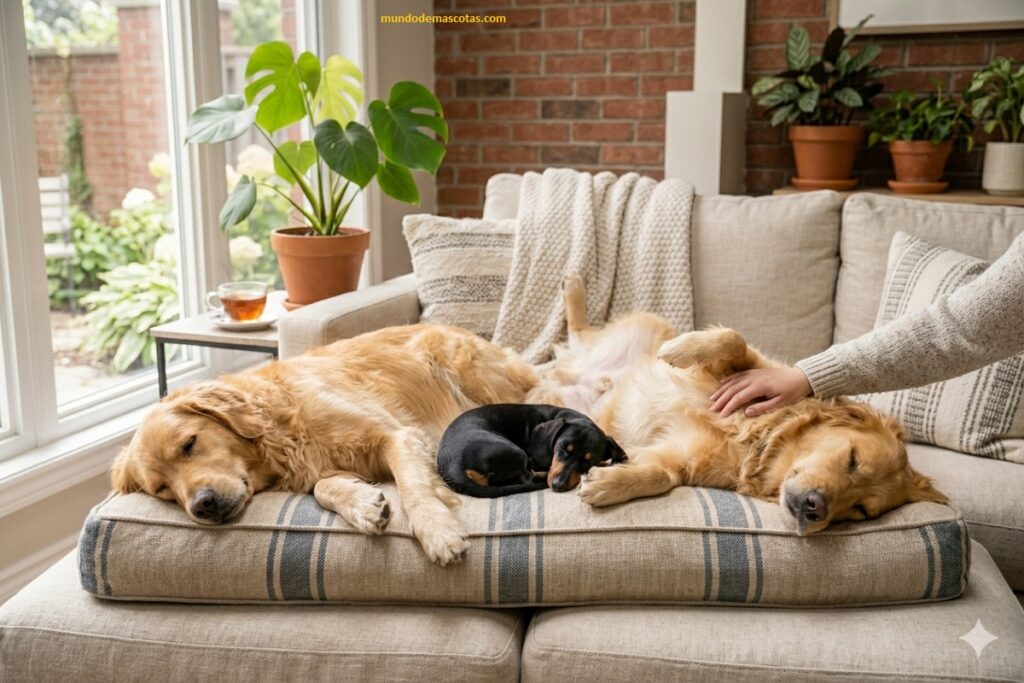 donde debe dormir un golden retriever ya que esta descansando en la sala junto a otro cachorro