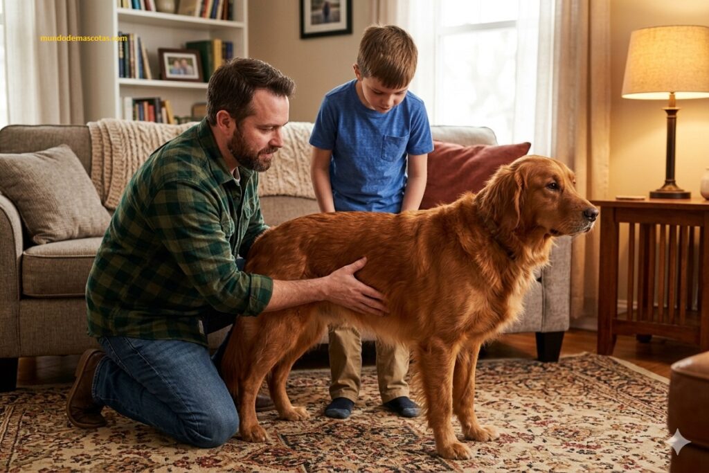 mi golden retriever camina lento y se cansa rápido porque no corre siempre y esta en la sala con los dueños