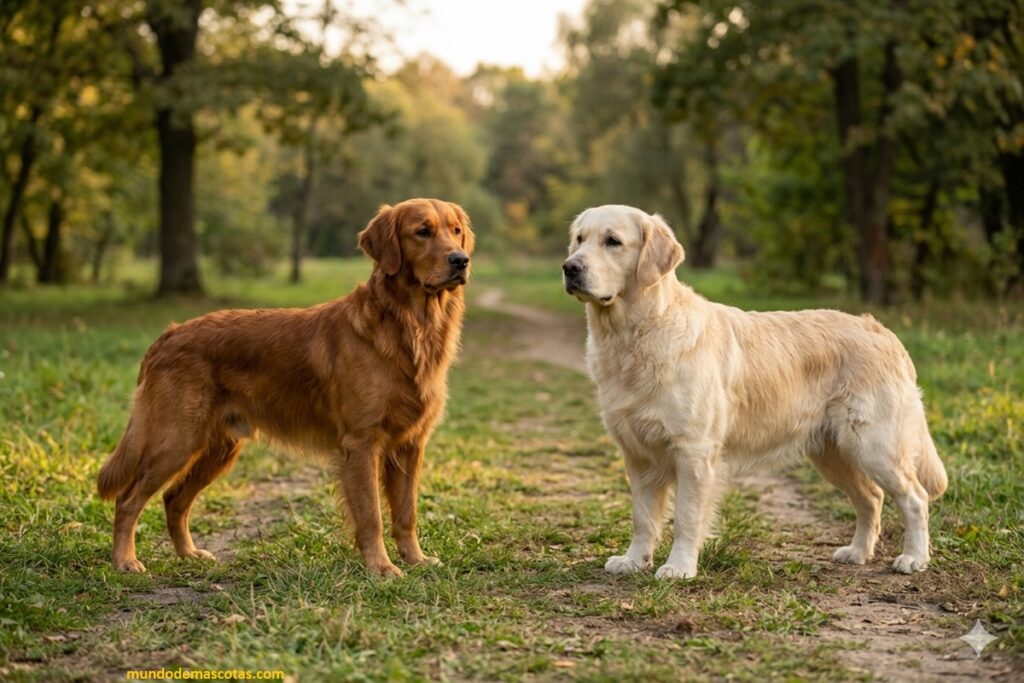 mi golden retriever es blanco es europeo o albino y estan parados en el césped mirándose para correr
