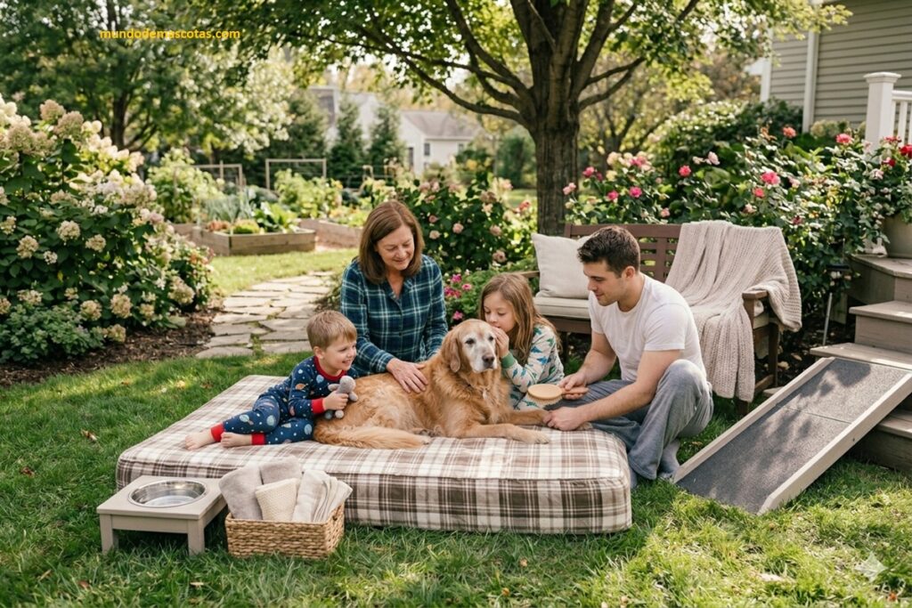 mi golden retriever no se puede levantar y esta acostado en el colchón en el jardín junto a niños y adultos