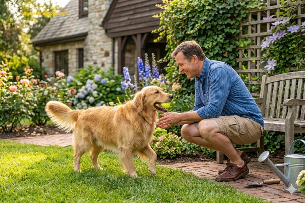 mi perro corre tras la pelota pero no la recoge y es un golden retriever grande junto a su dueño en el patio