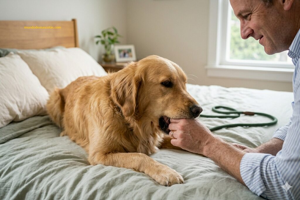 mi perro muerde las manos cuando juega conmigo en la cama y no la suelta pero lo hace con amor