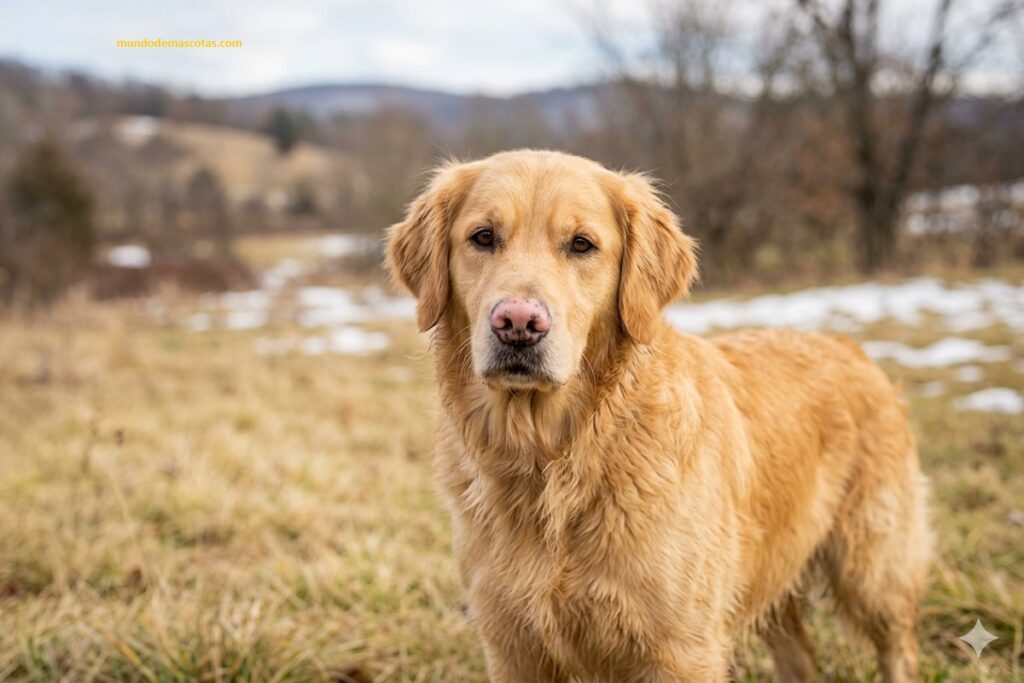 Por qué mi Golden Retriever tiene la trufa rosa además es grande y esta sentado en el parque jugando