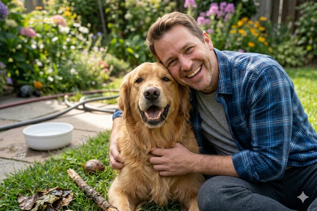Por qué mi Golden Retriever tiene mal aliento y esta en el jardín con una persona adulta feliz
