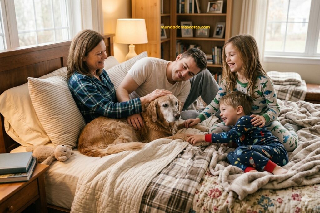 problemas de cadera en golden retriever viejos y que son cuidados en la cama con amor por sus amos