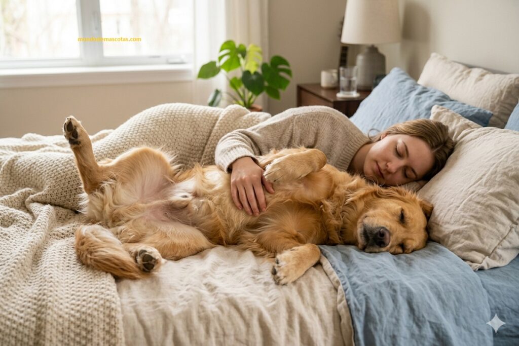 significado de que un perro enseñe la panza al dormir junto a su dueña en la cama donde descansa feliz